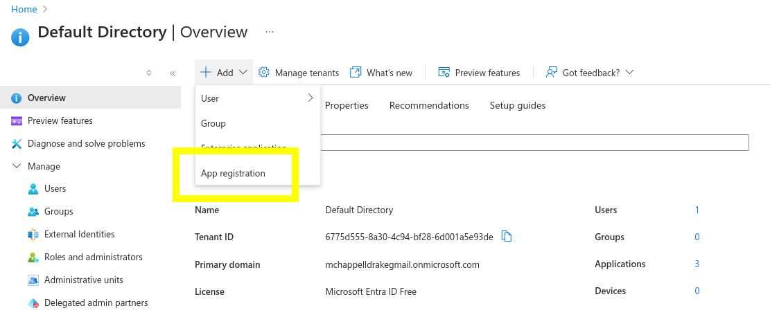 Screenshot of the Overview in the Azure console. The Add dropdown menu has been opened and the App Registration option is highlighted in a yellow box.